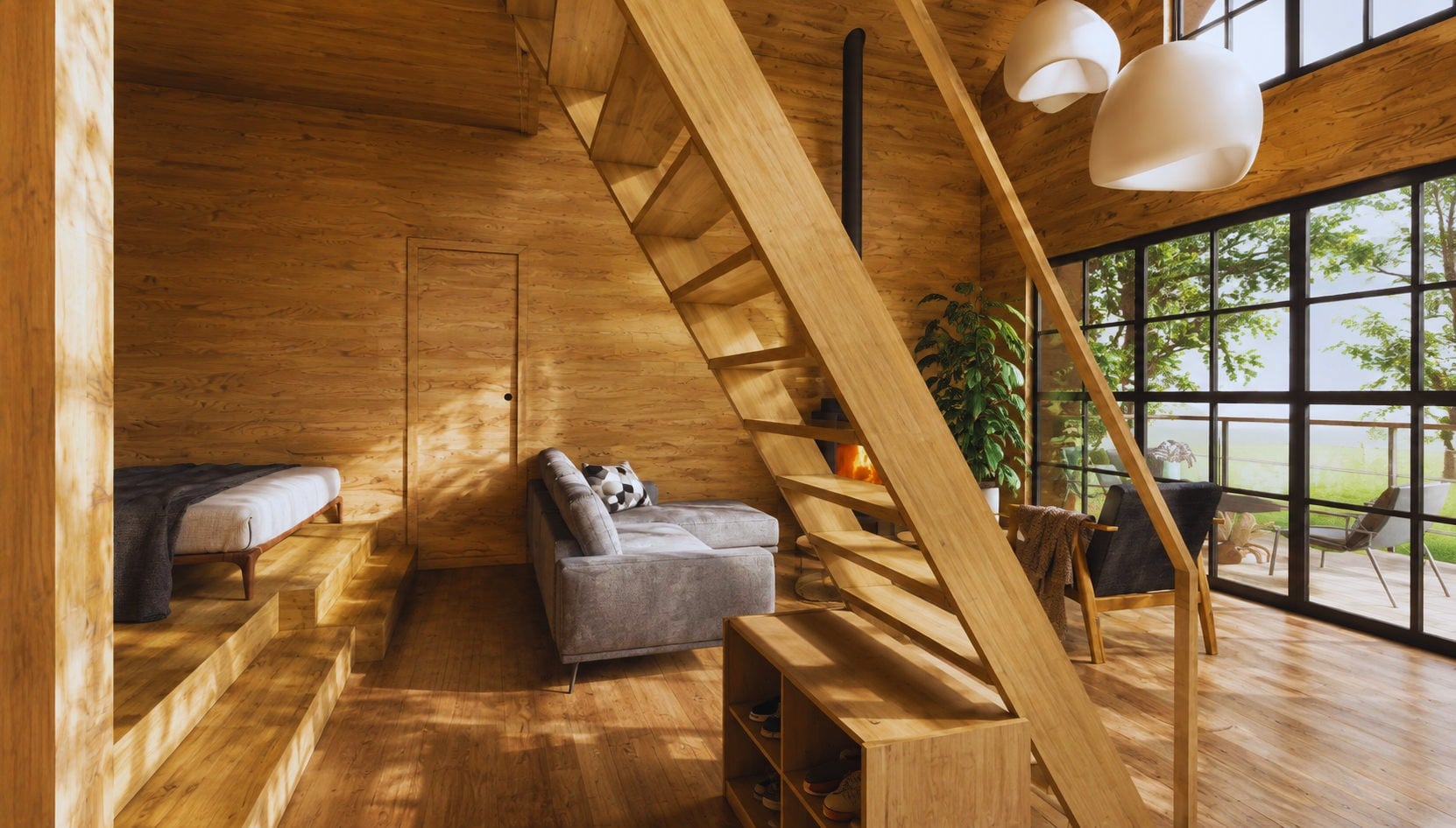 Detail of CHAMFER's warm timber joinery and staircase craftsmanship