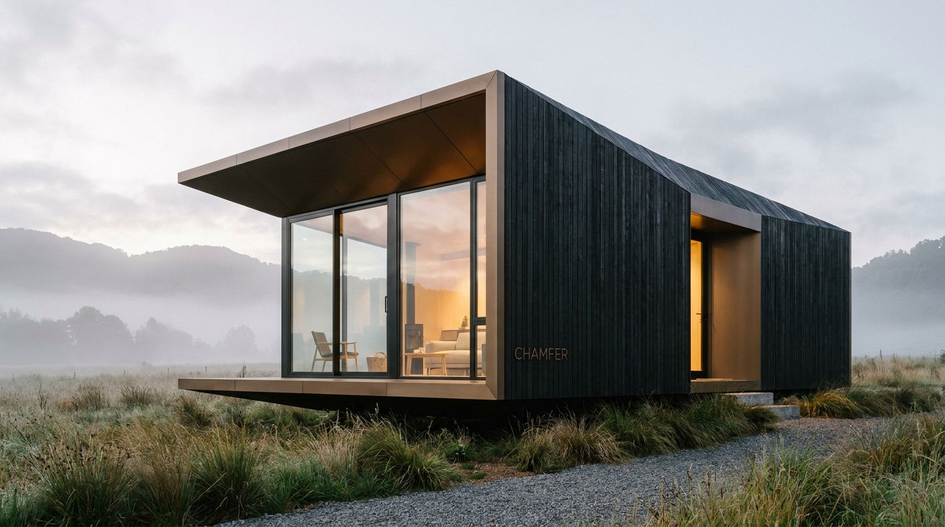 CHAMFER prefabricated unit in a misty mountain valley at dawn, charred wood cladding and bronze framing around floor-to-ceiling glass
